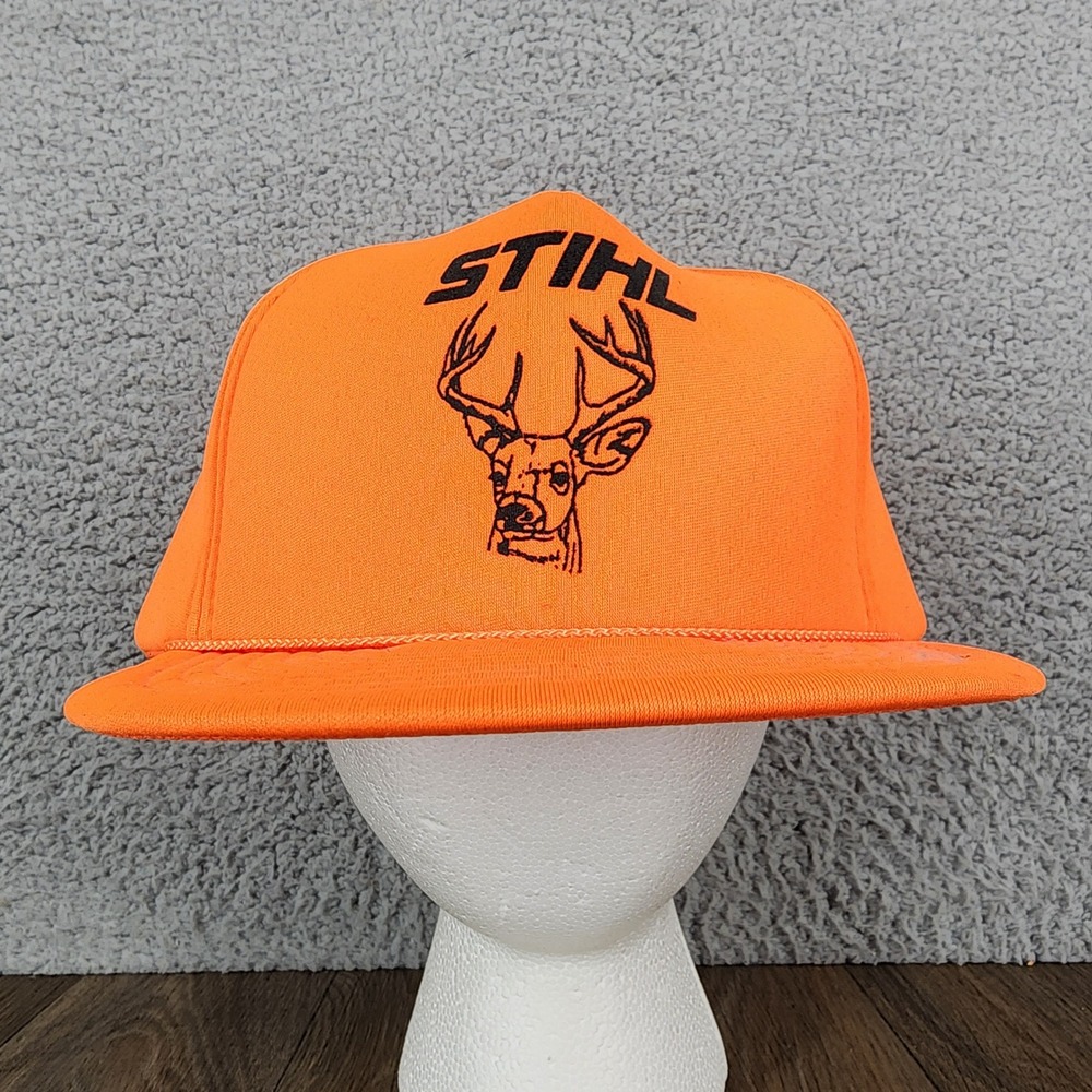 Vintage STIHL Blaze Orange Deer Buck Snapback Hat Trucker Rope Cap San Sun Mens